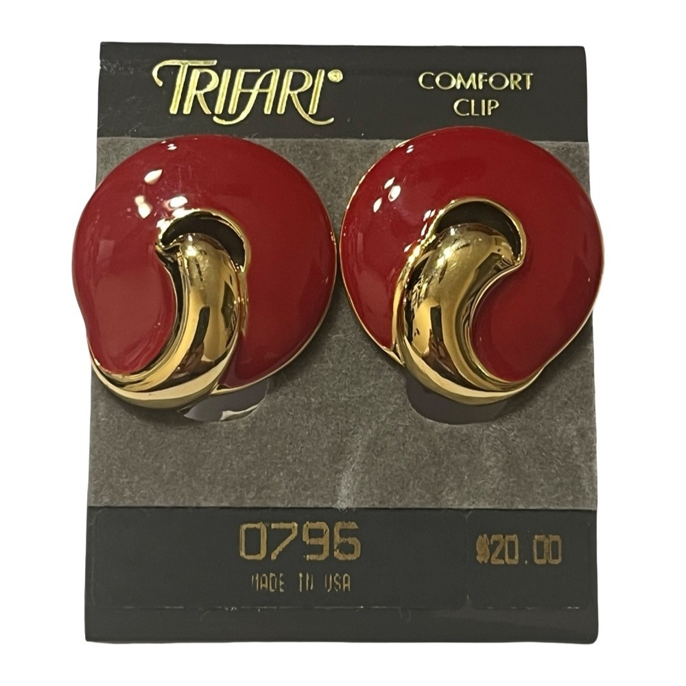 Vintage Trifari Red Enamel Gold Tone Comfort Clip On Earrings NEW